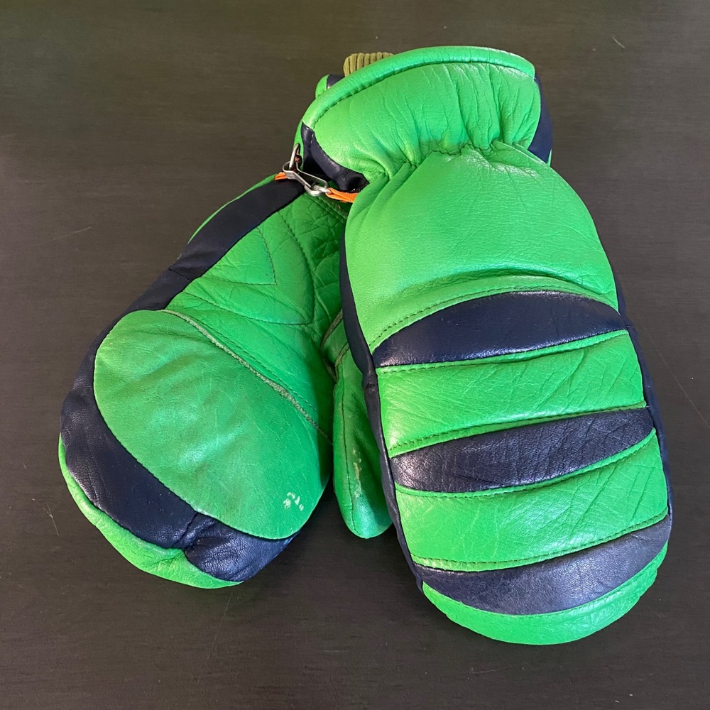 Vintage Kombi Leather Mittens Green Navy Blue Down Filled Ski Gloves Ladies L